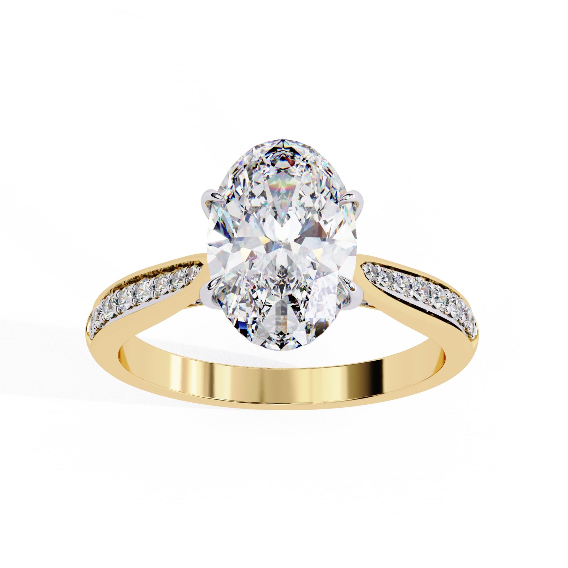 Gold ring with a large diamond and smaller diamonds on the band against a white background