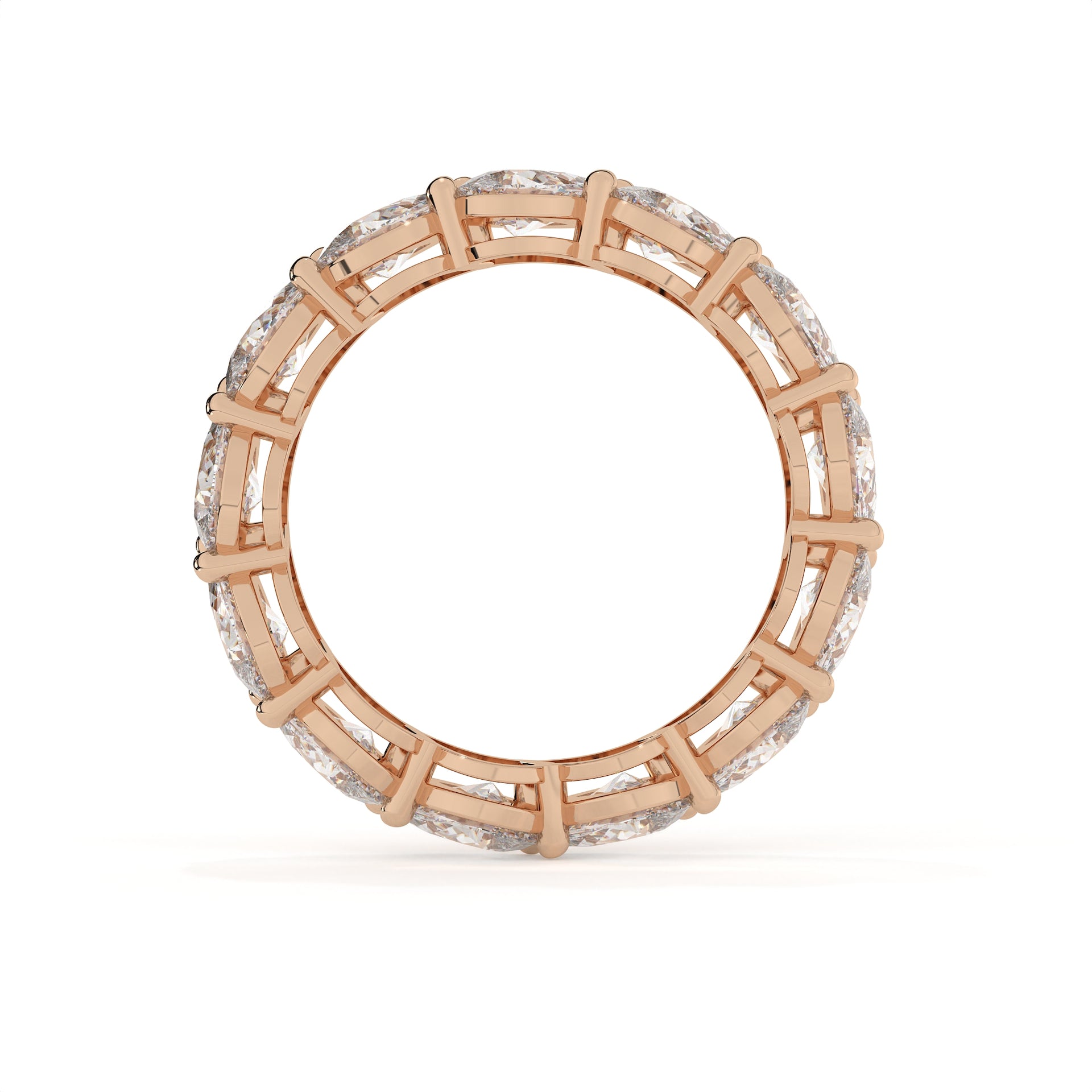 Rose gold ring with diamond accents on a white background