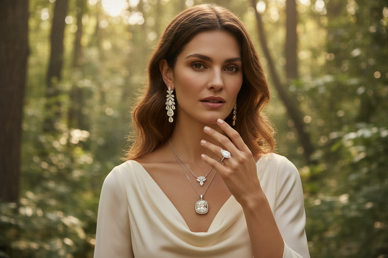 “Create a full-size ultra-premium banner featuring a realistic American female model wearing ethical, sustainably created diamond jewelry — including a diamond ring, earrings, and pendant. Highlight the jewelry with sharp, crystal-clear details, brilliant reflections, and natural sparkle. Surround the model with soft, nature-inspired elements such as gentle sunlight, soft green tones, blurred leaves, or subtle natural textures to symbolize eco-friendly and sustainable diamonds. Use soft, warm editorial ligh