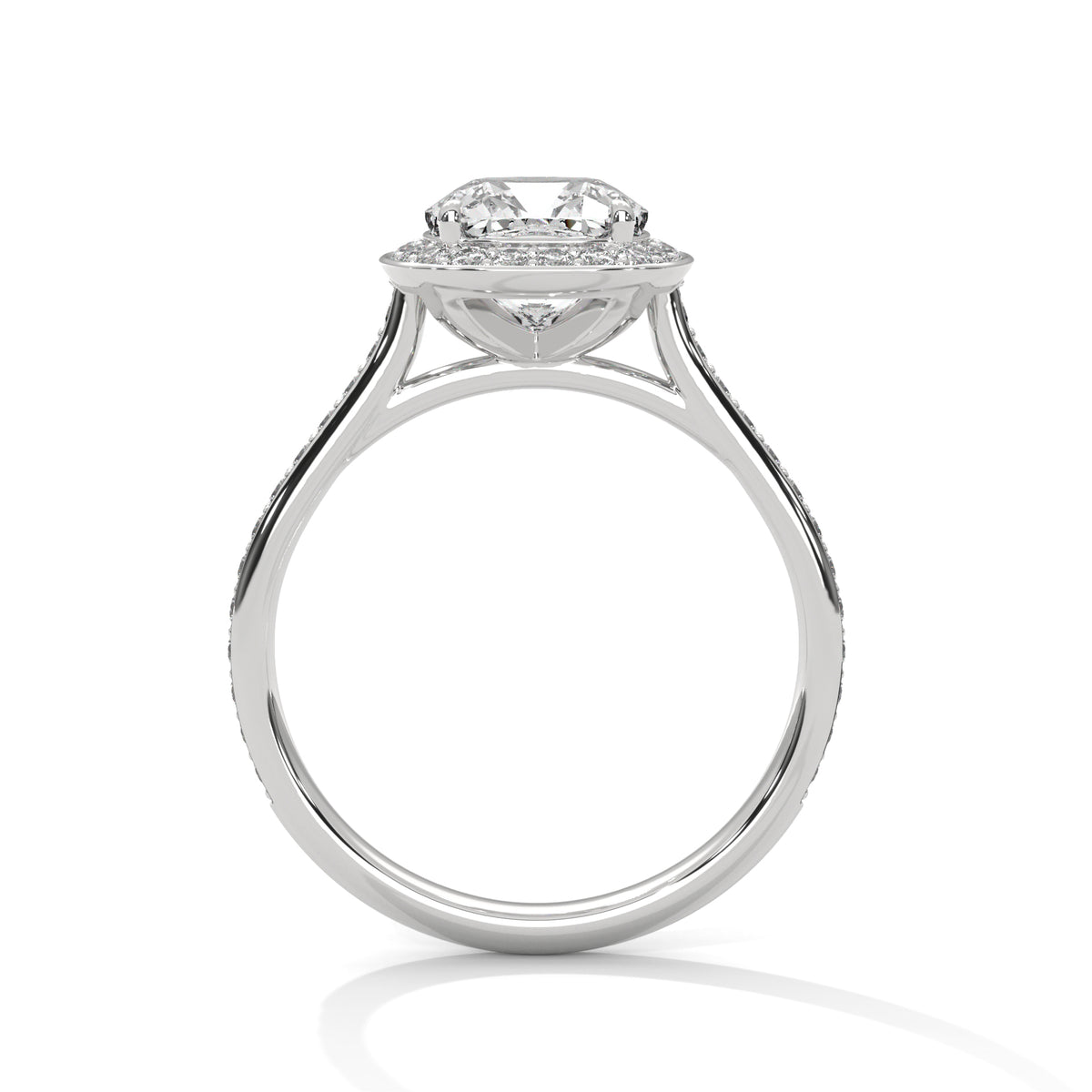 Side profile of a cushion cut diamond halo engagement ring in white gold with a pave diamond band and open gallery setting.