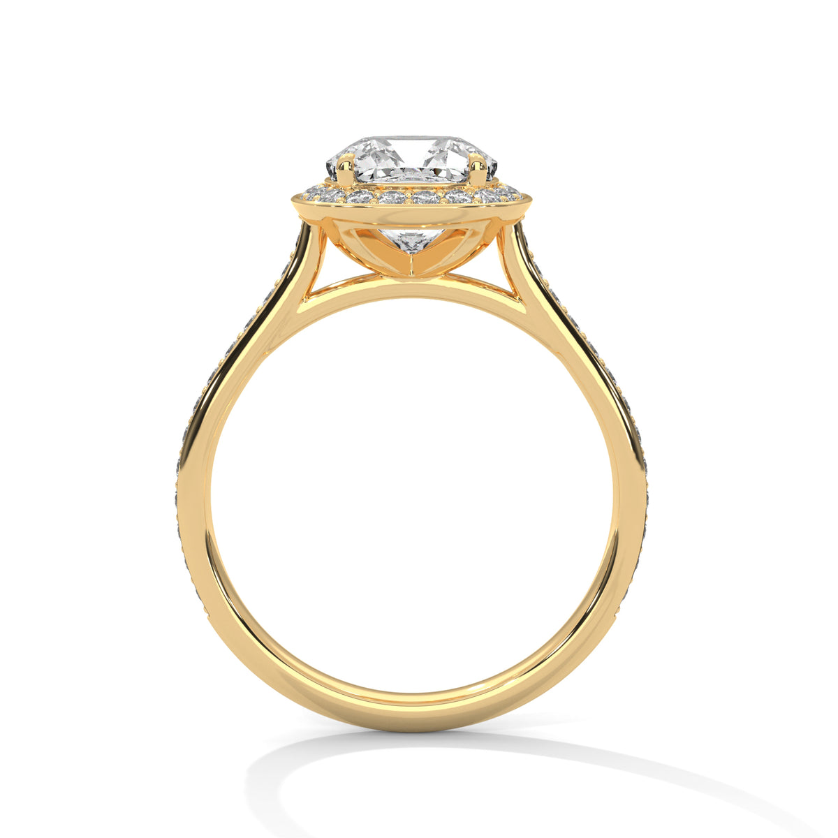 Side profile of a cushion cut diamond halo engagement ring in yellow gold with a pavé diamond band and open gallery setting.