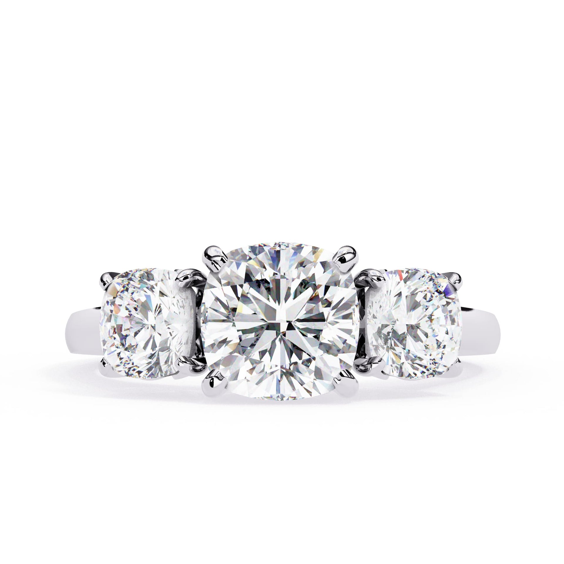 Diamond ring with three round-cut diamonds on a white background