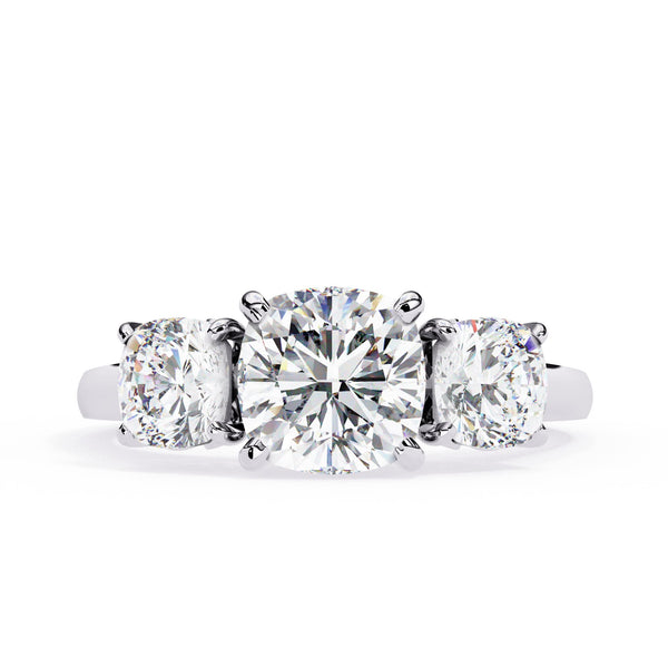 Diamond ring with three round-cut diamonds on a white background
