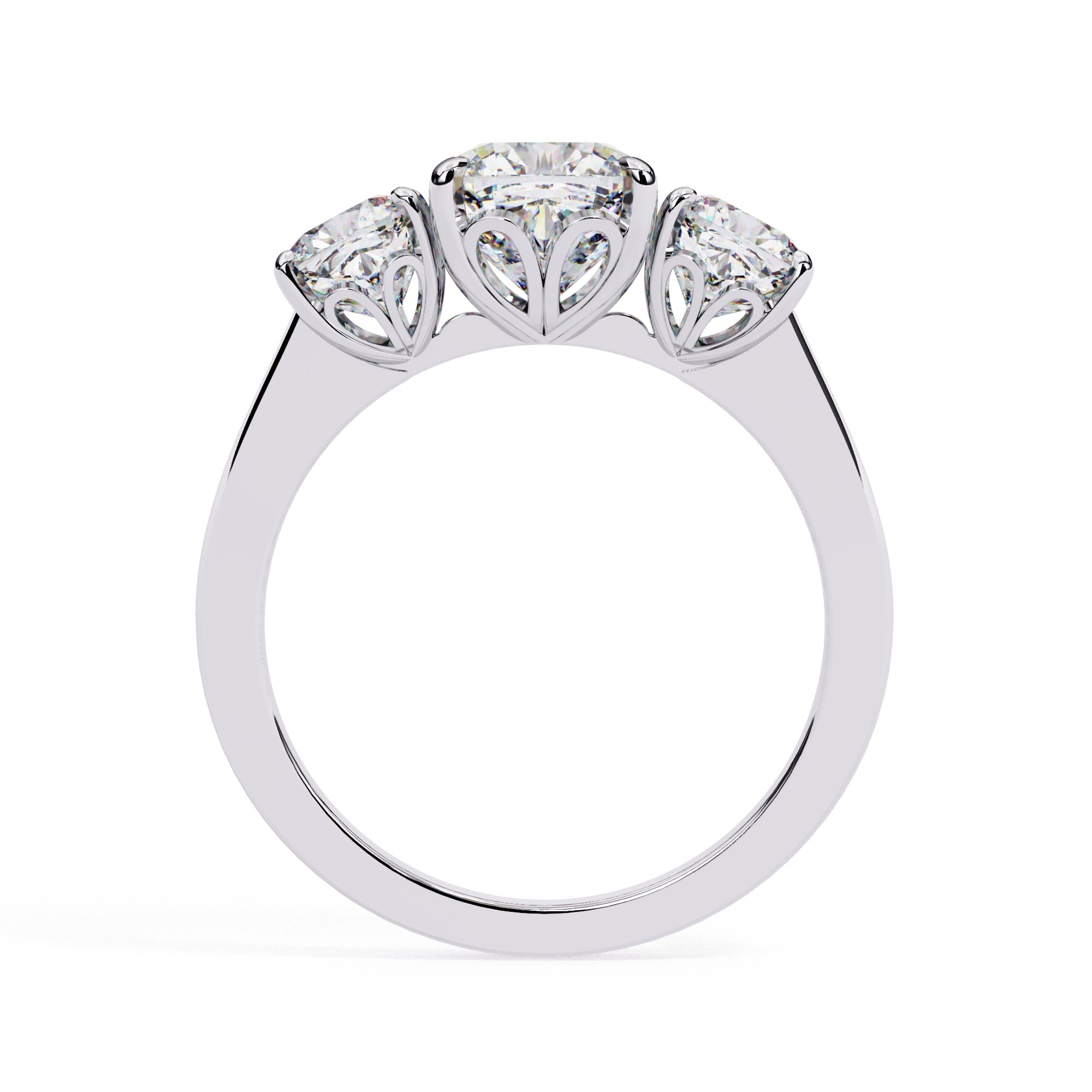 Three-stone diamond ring on a white background