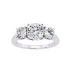 Three-stone diamond ring on a white background