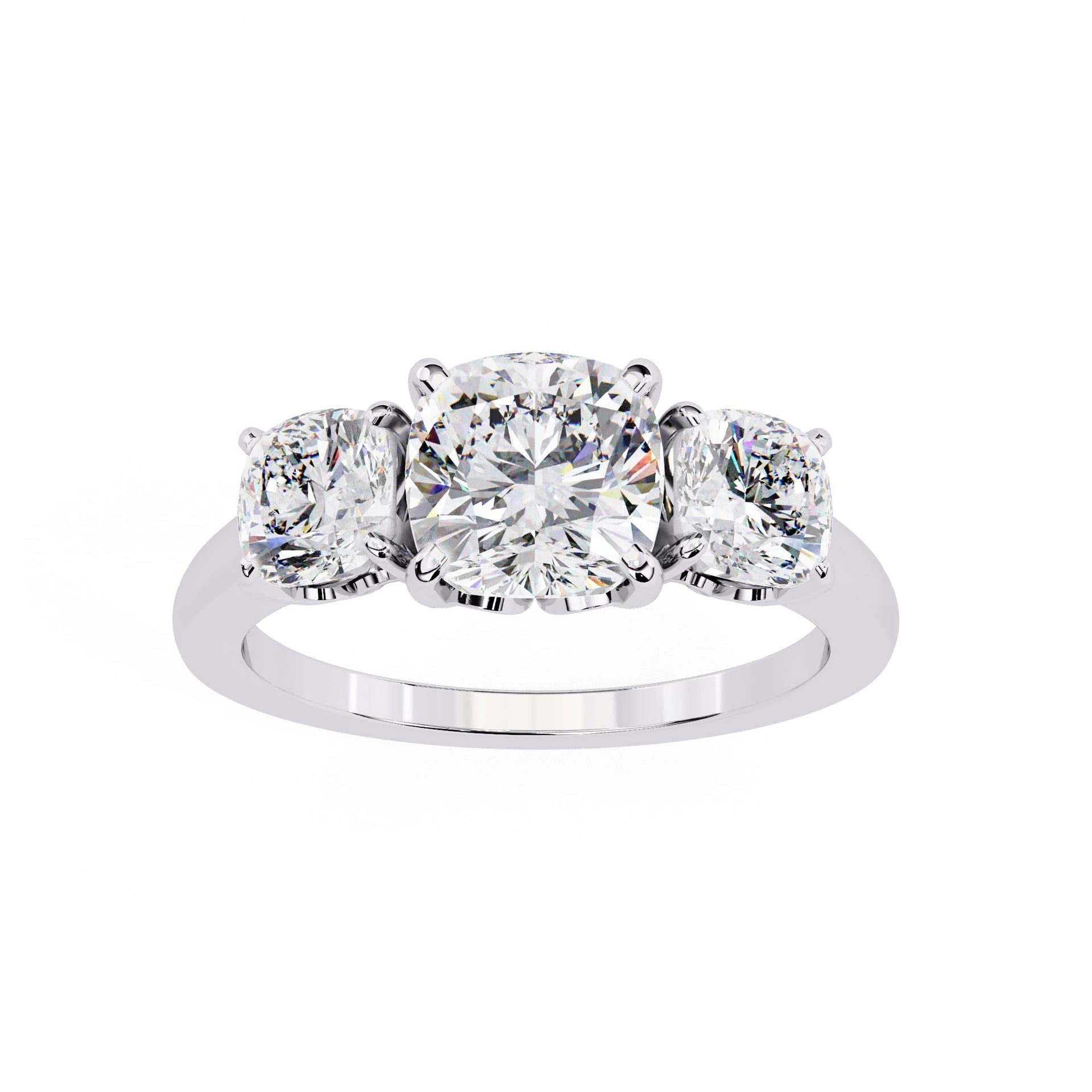 Three-stone diamond ring on a white background