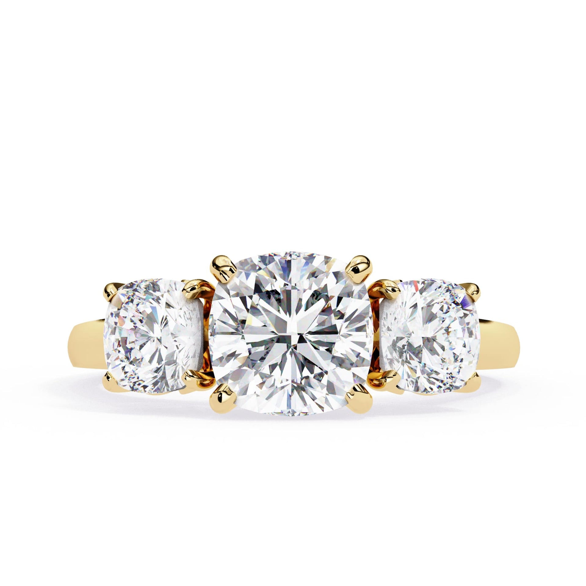 Gold ring with three round diamonds on a white background