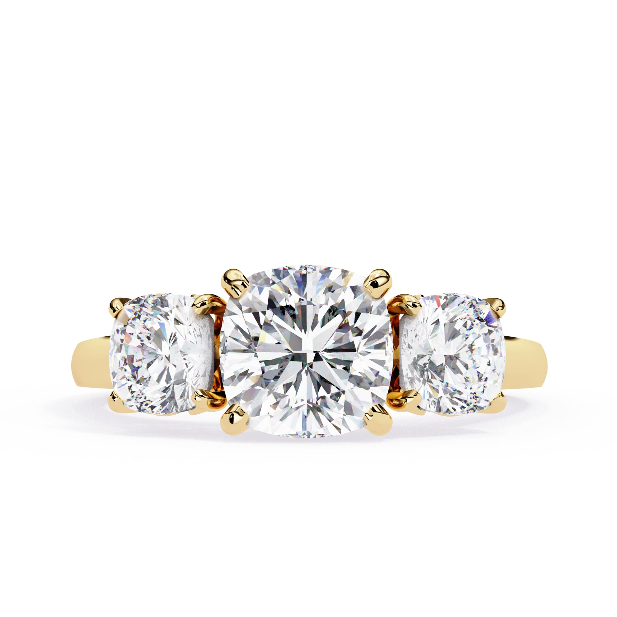 Gold ring with three round diamonds on a white background