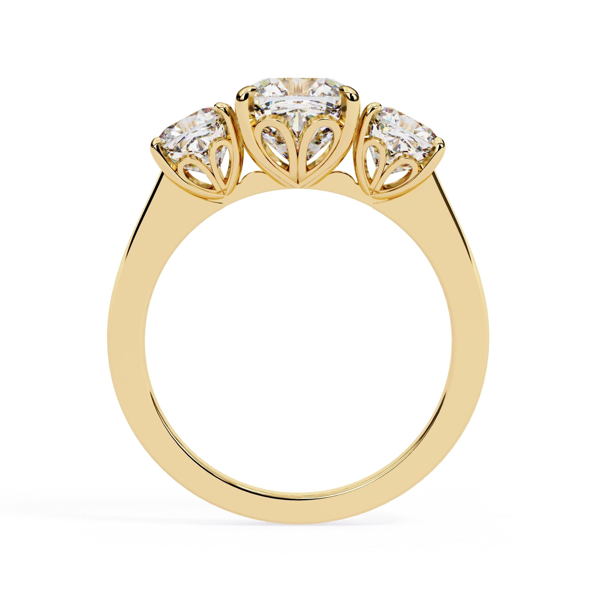 Gold ring with three diamonds on a white background