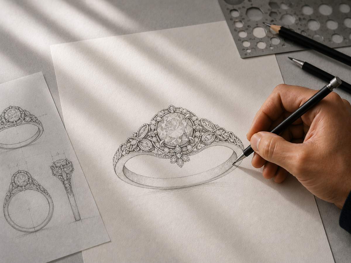 Hand drawing a detailed ring design on paper with a ruler and pencil.