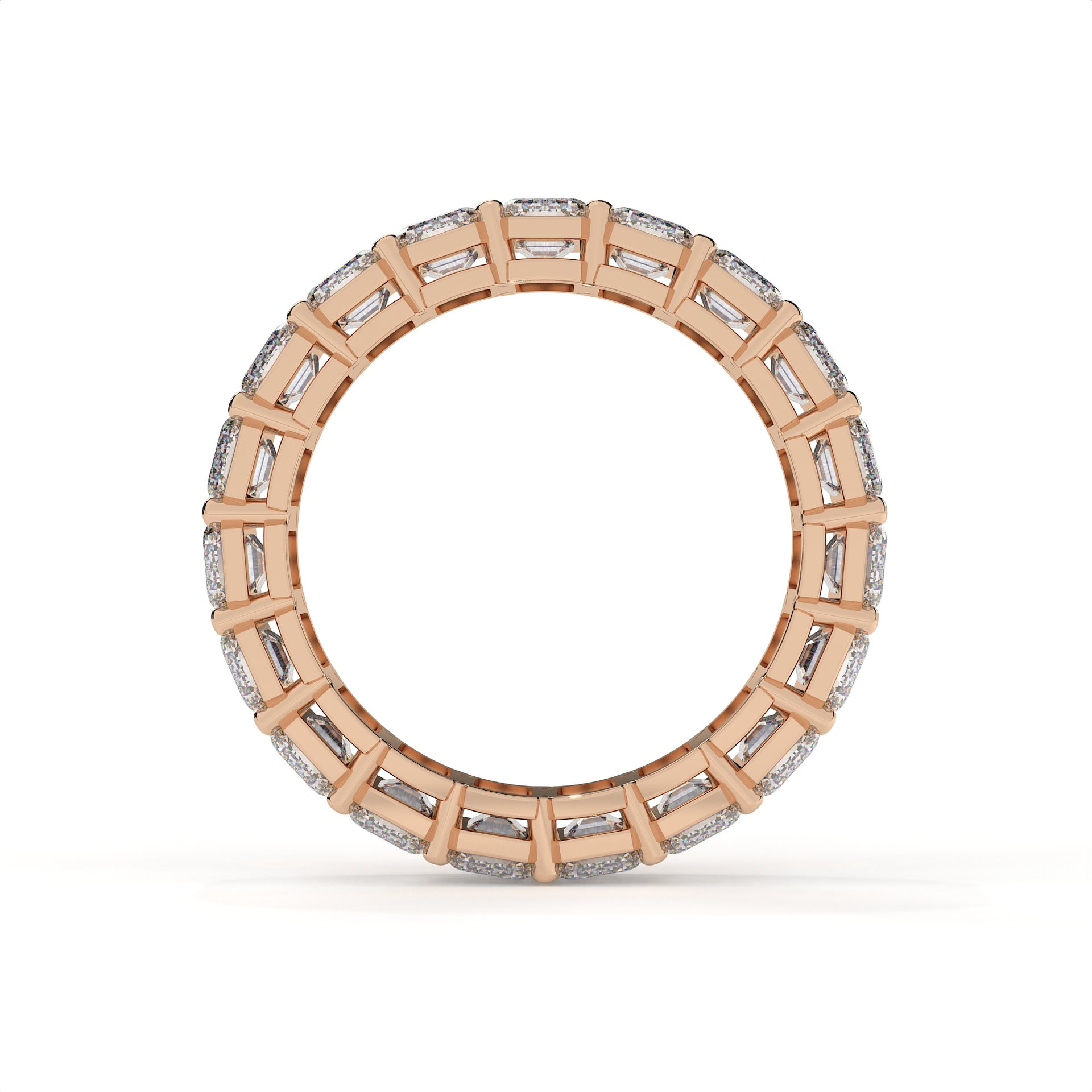 Rose gold ring with diamond accents on a white background