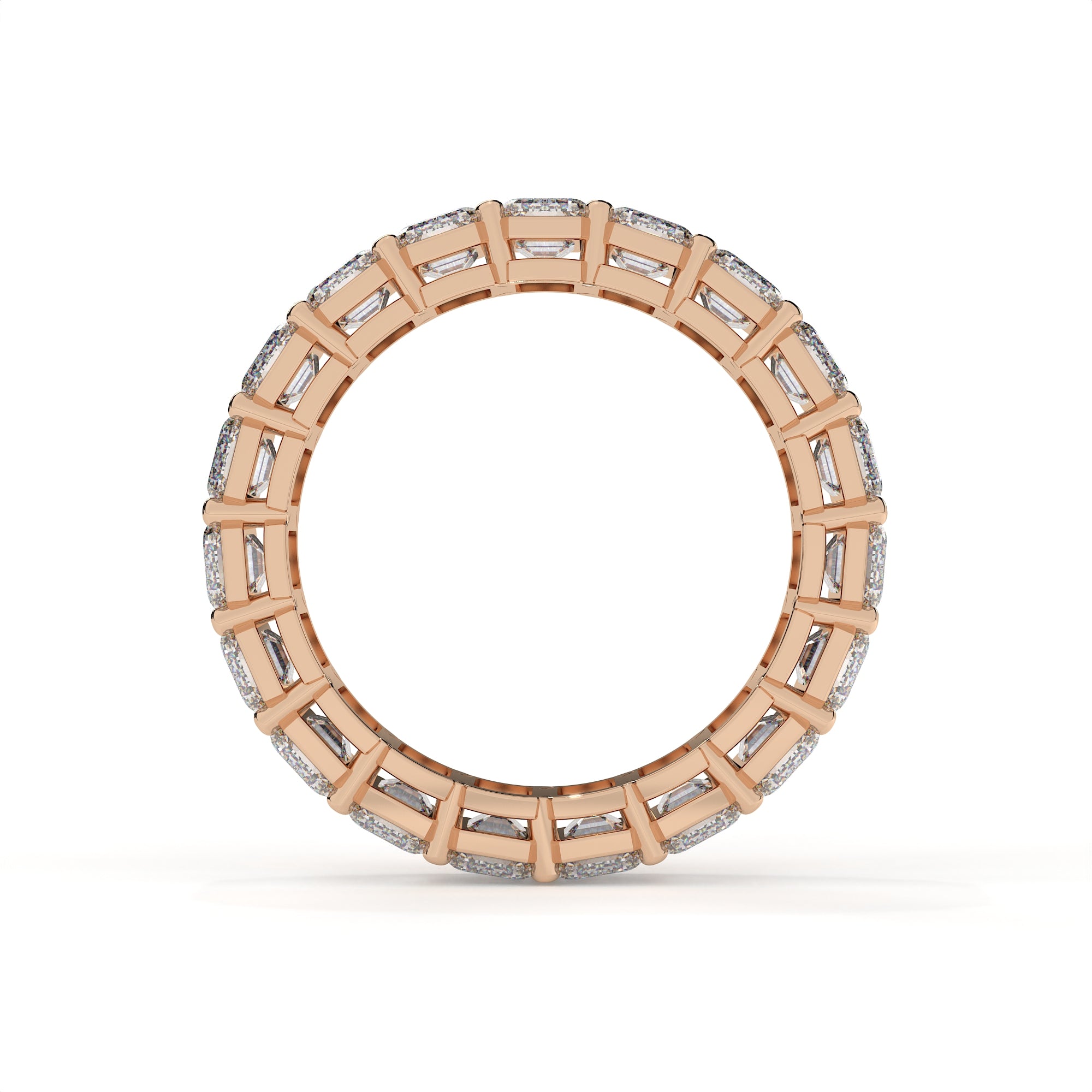 Rose gold ring with diamond accents on a white background