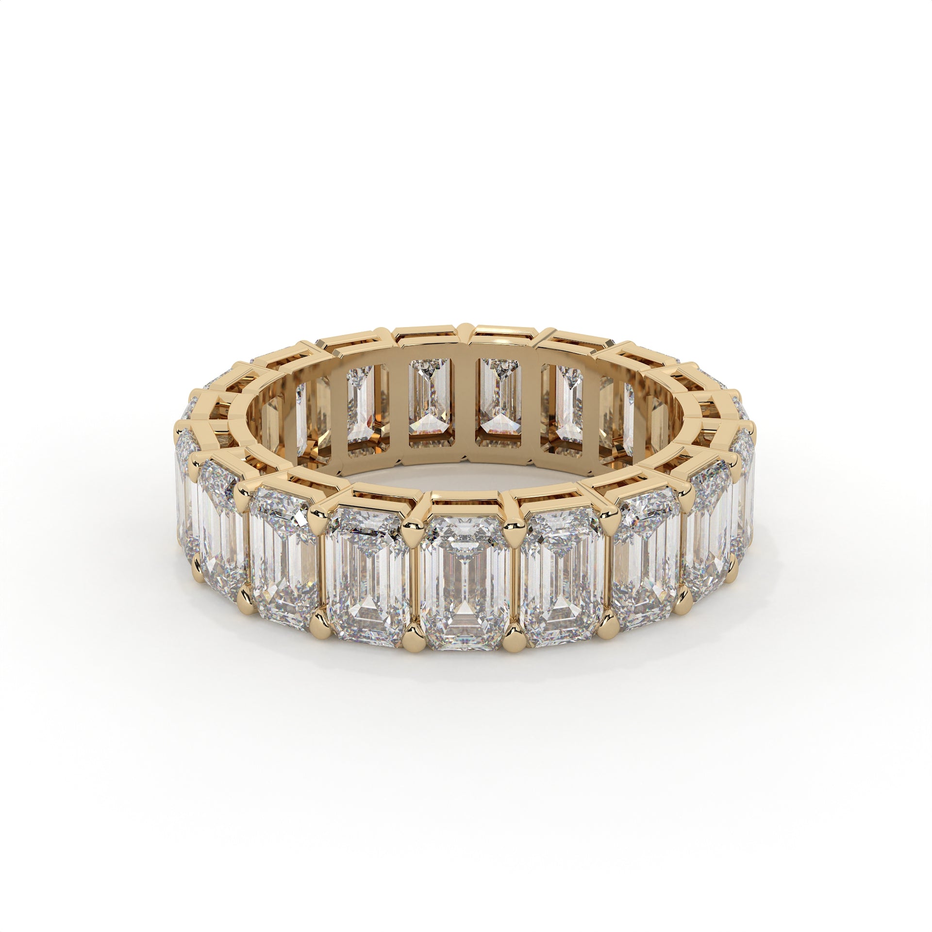 Emerald cut diamond eternity ring featuring a prong setting on a plain background.