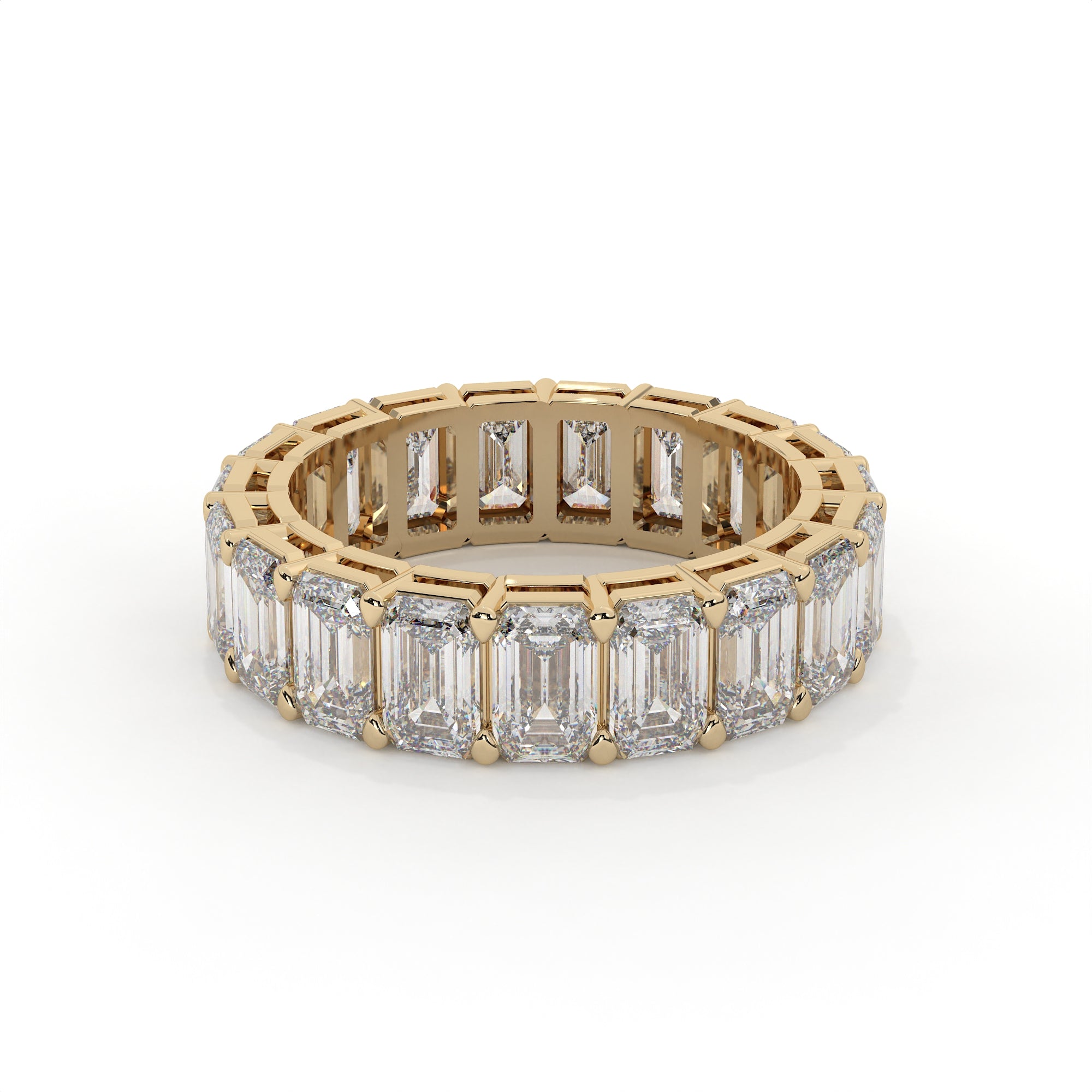 Emerald cut diamond eternity ring featuring a prong setting on a plain background.