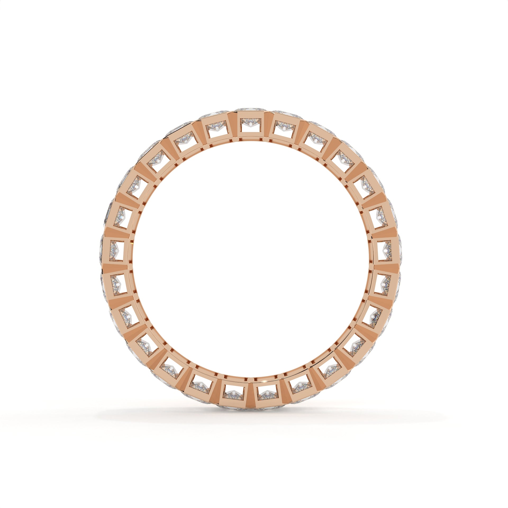 Rose gold ring with embedded diamonds on a white background
