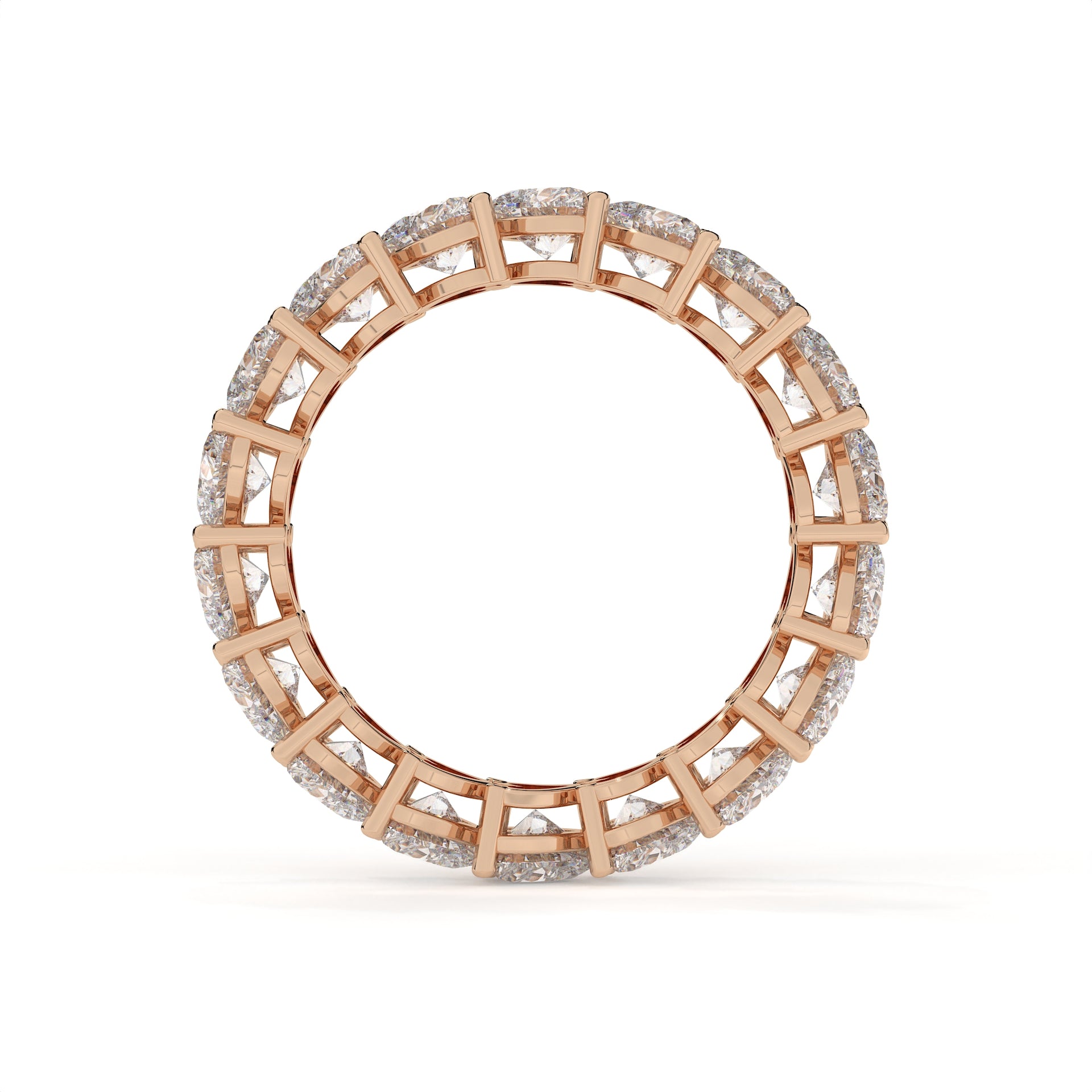 Rose gold ring with diamond accents on a white background