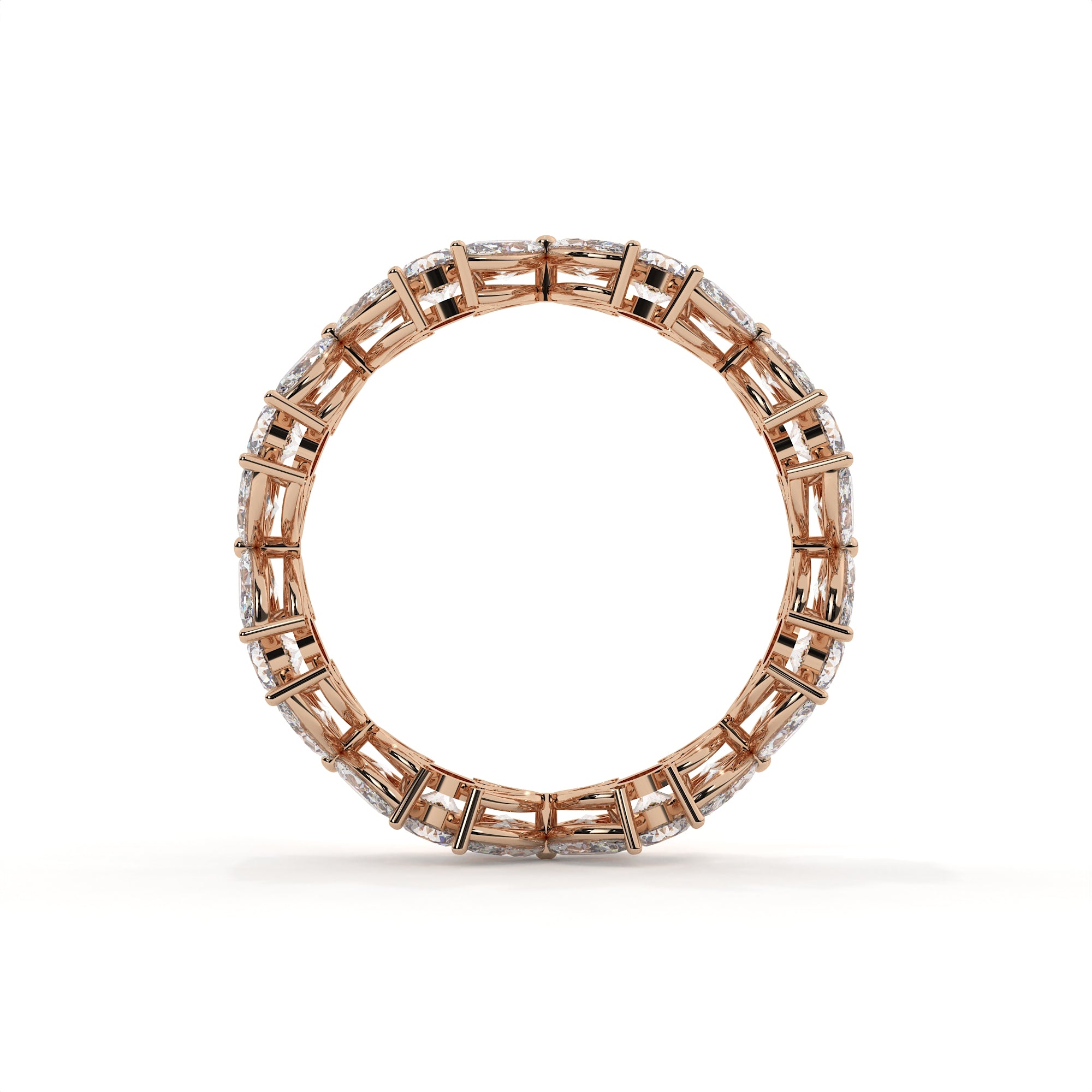 Rose gold ring with diamond accents on a white background