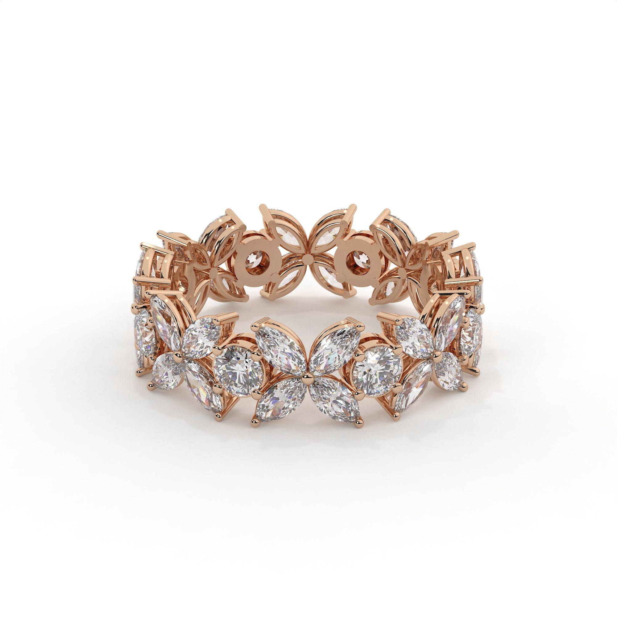 Rose gold bracelet with diamond accents on a white background