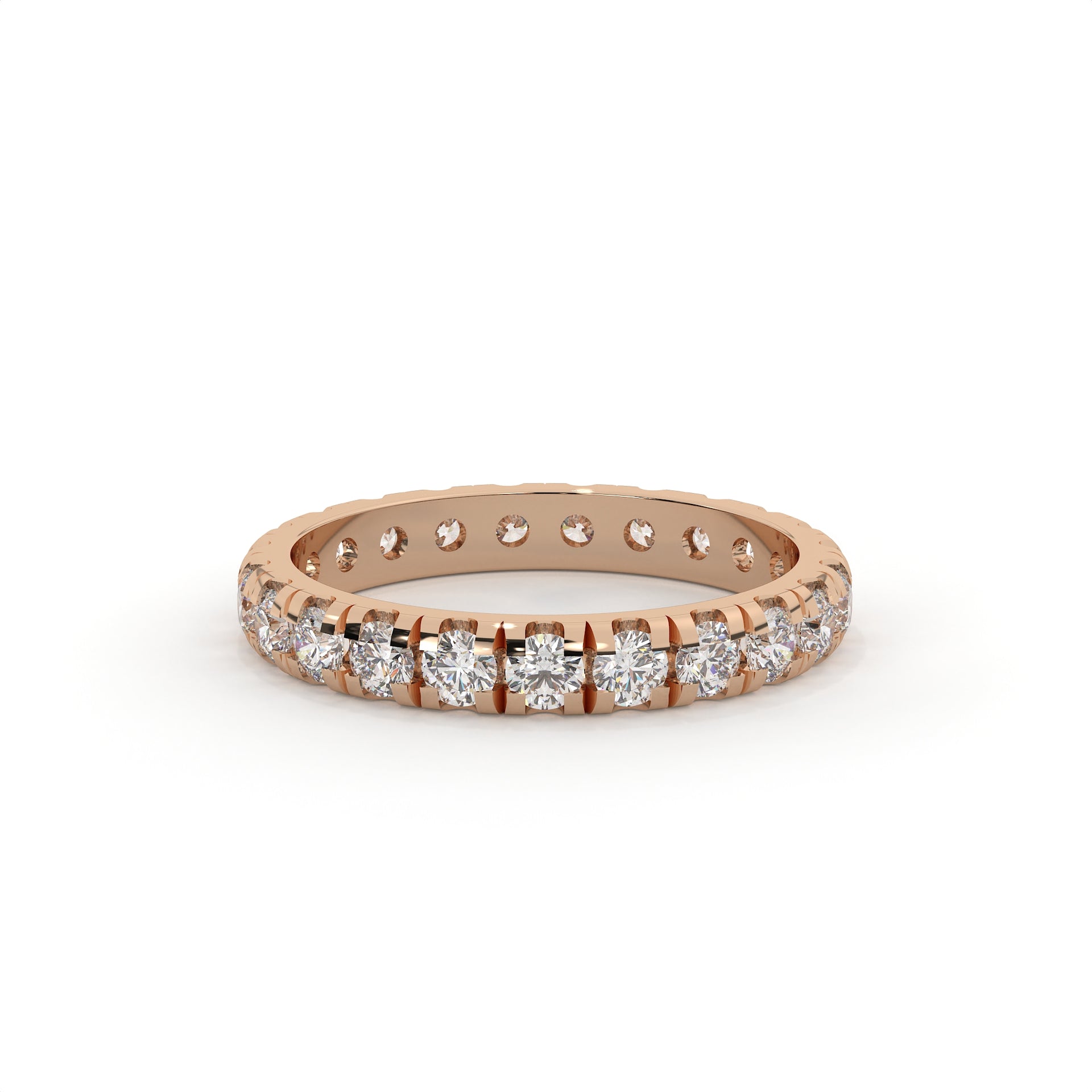Rose gold ring with diamonds on a white background