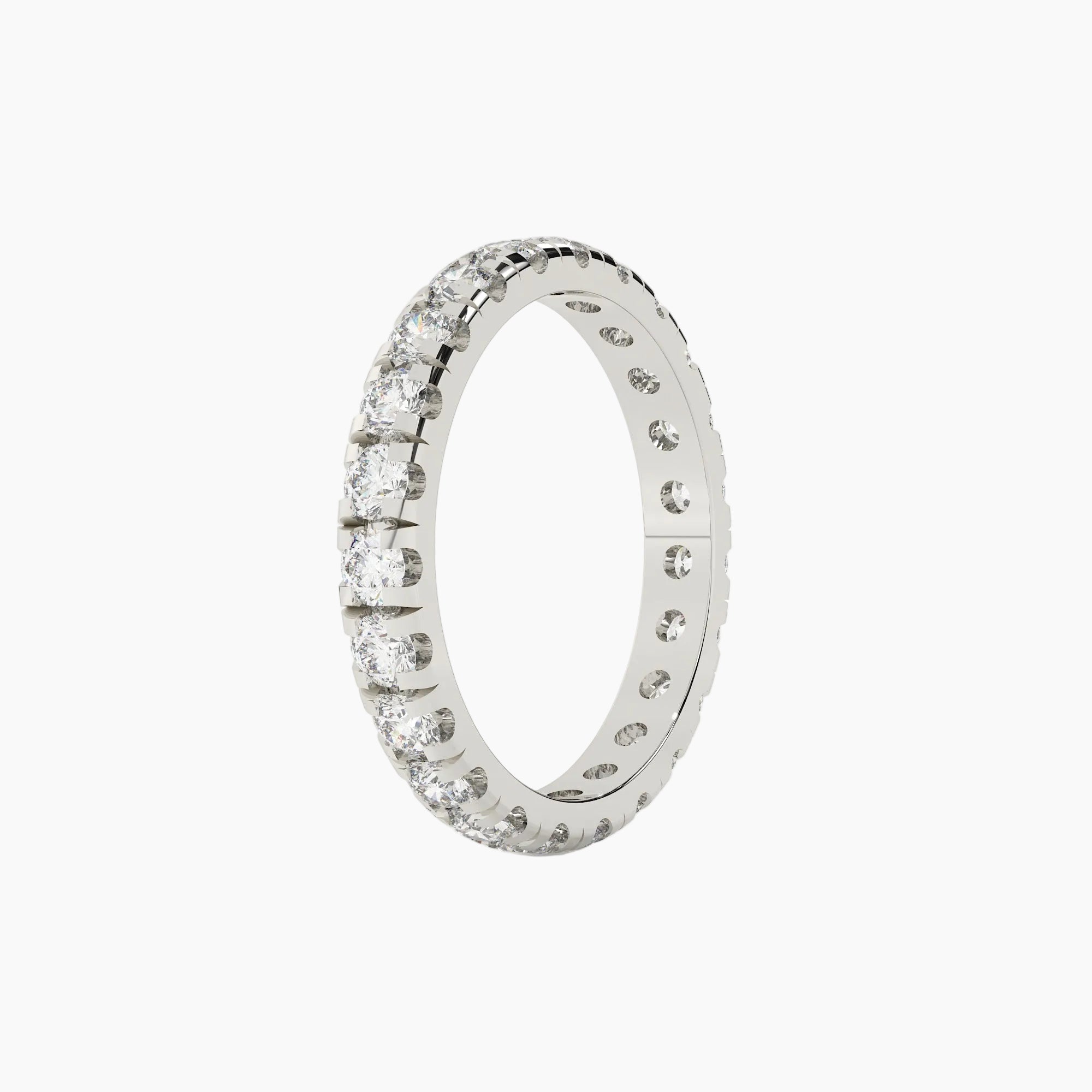 Silver ring with embedded diamonds on a white background