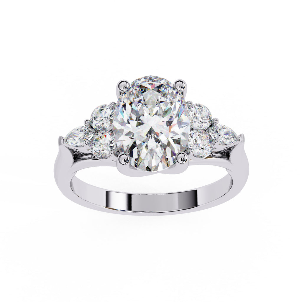 Diamond ring with three circular diamonds on a white background