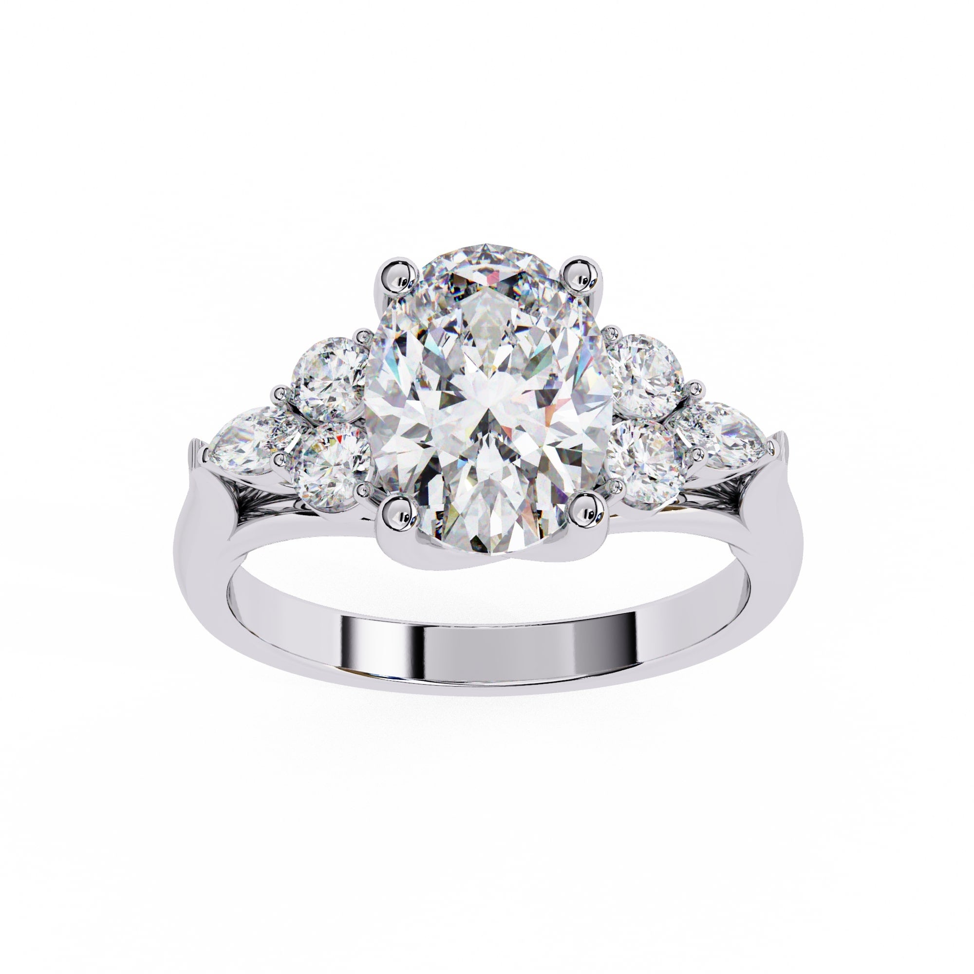 Diamond ring with three circular diamonds on a white background
