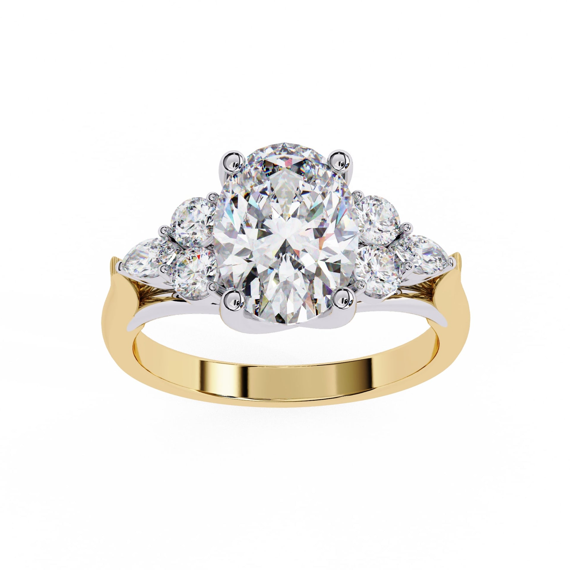Gold ring with a large diamond and smaller diamonds on a white background