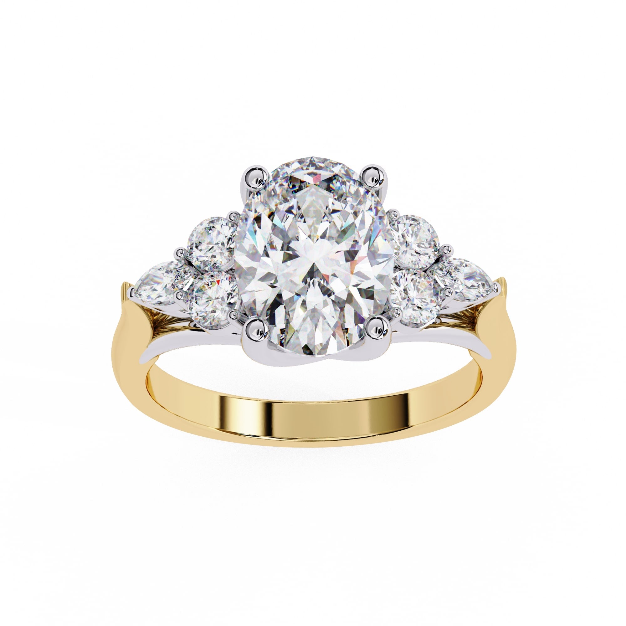 Gold ring with a large diamond and smaller diamonds on a white background