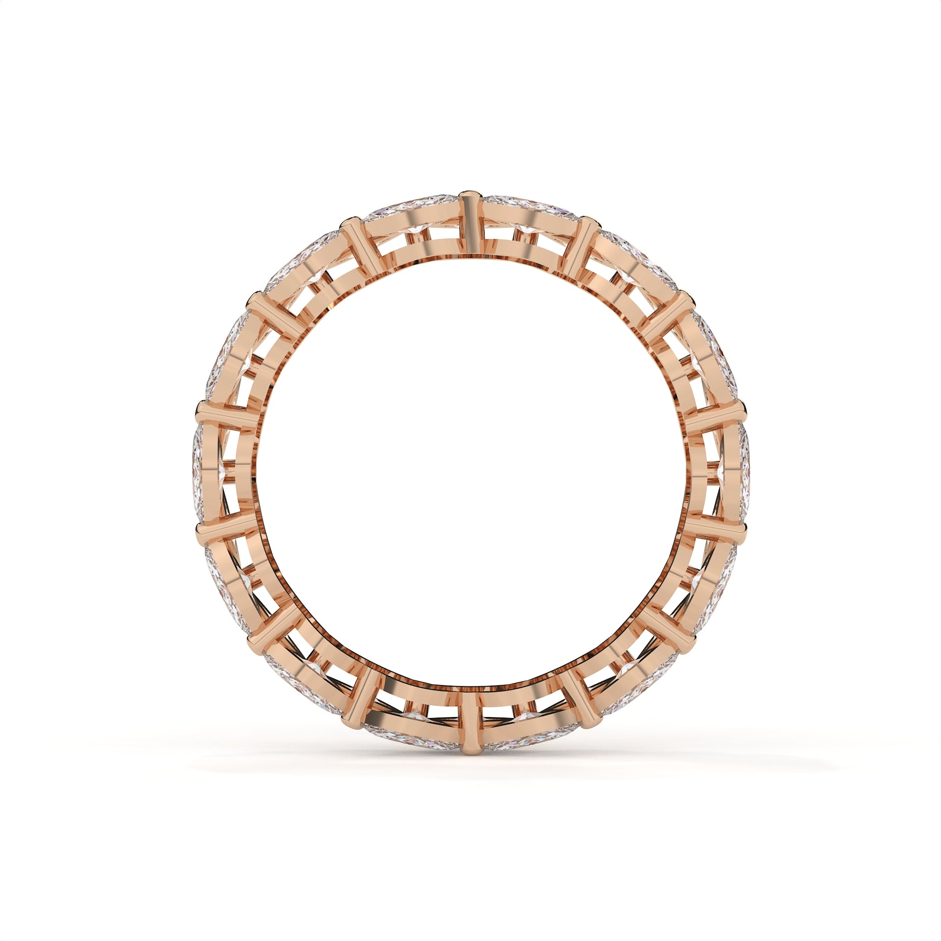 Rose gold ring with a lattice design on a white background