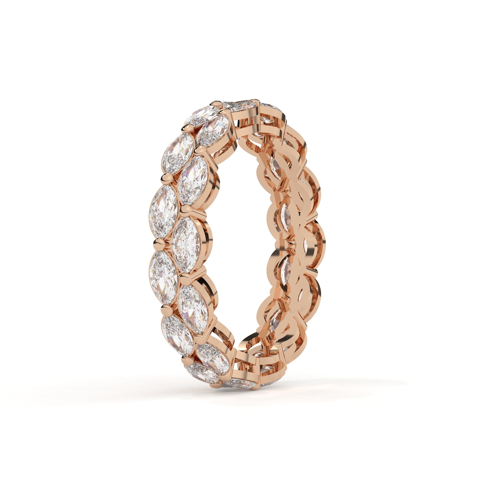 Rose gold ring with diamond accents on a white background