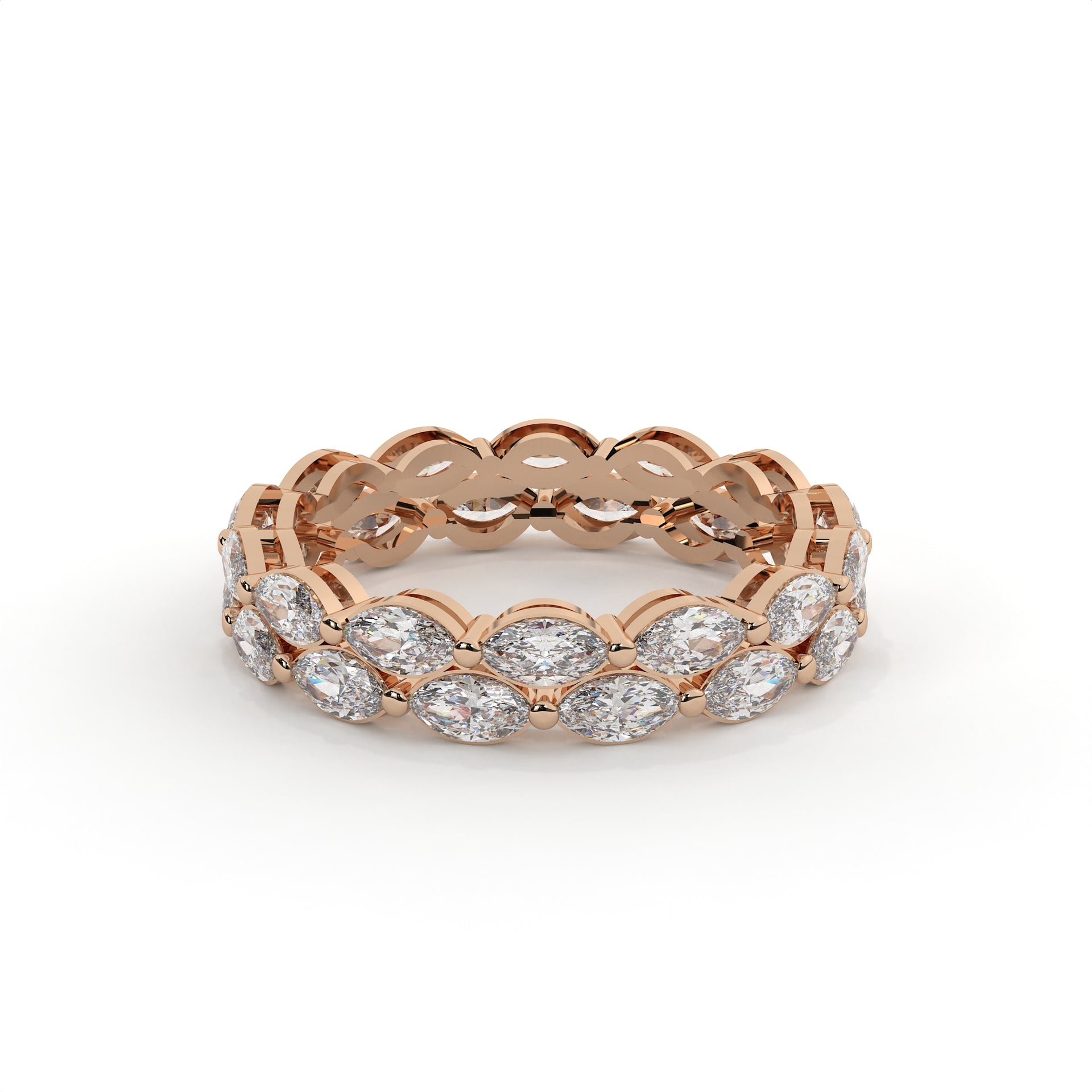 Rose gold ring with diamonds on a white background