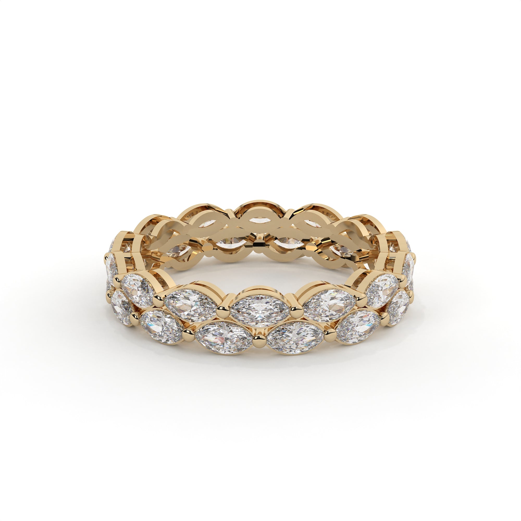 Gold ring with diamond stones on a white background