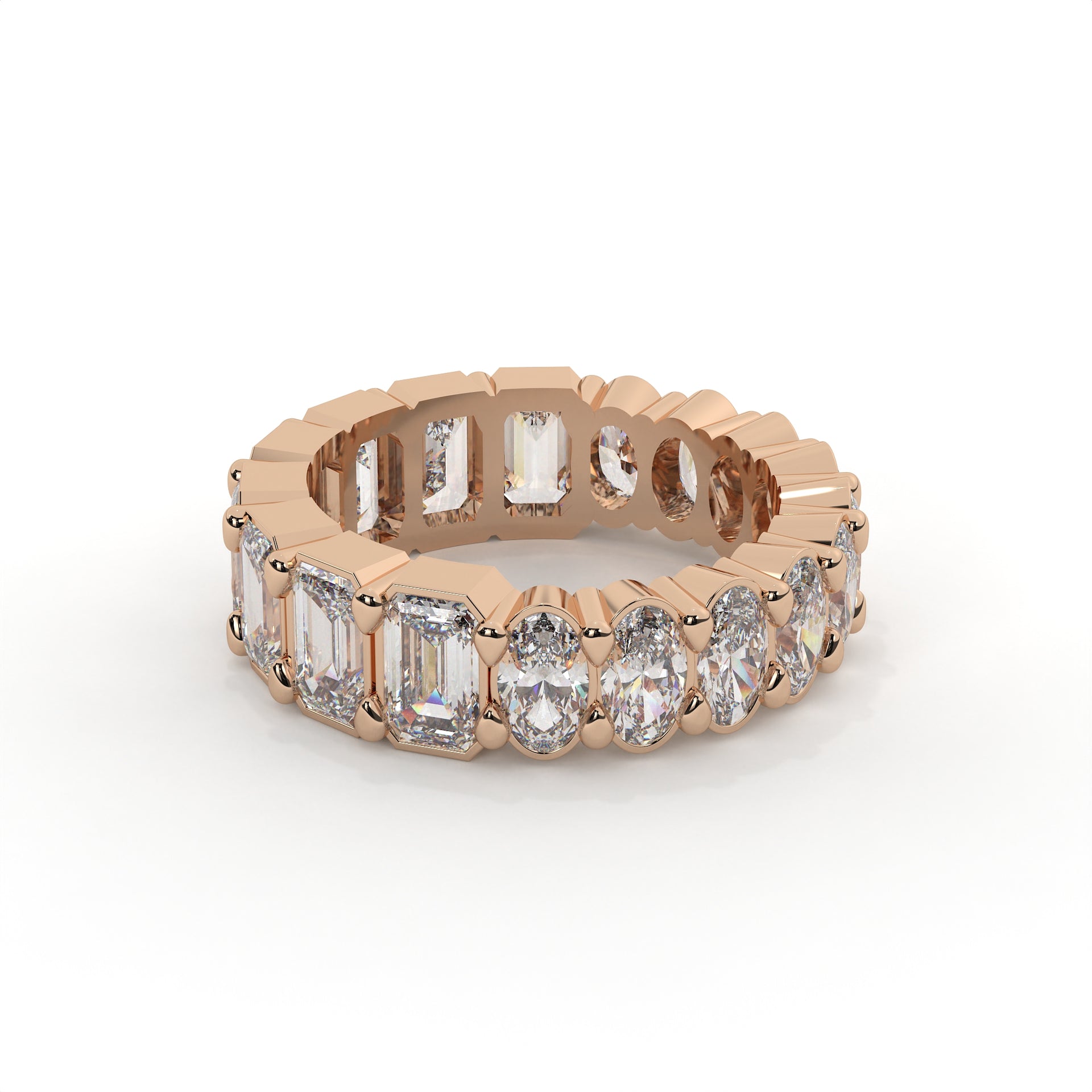 Rose gold ring with diamonds on a white background