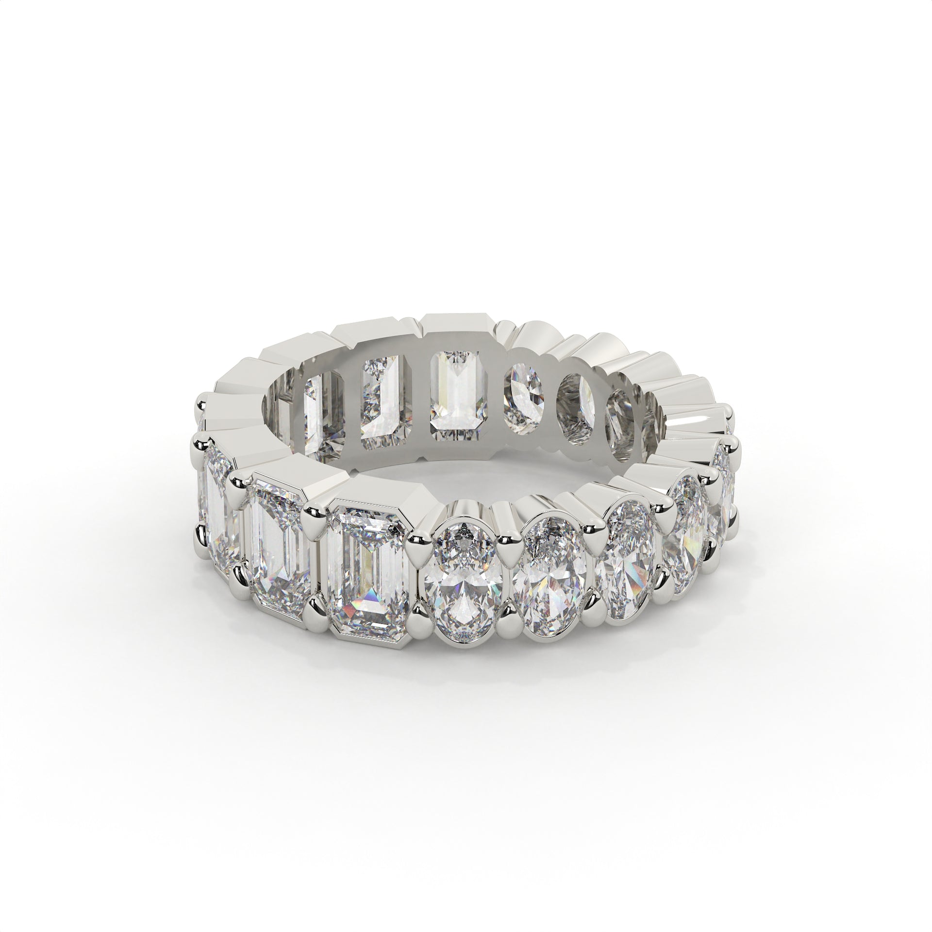 Diamond ring with emerald-cut and round diamonds on a white background