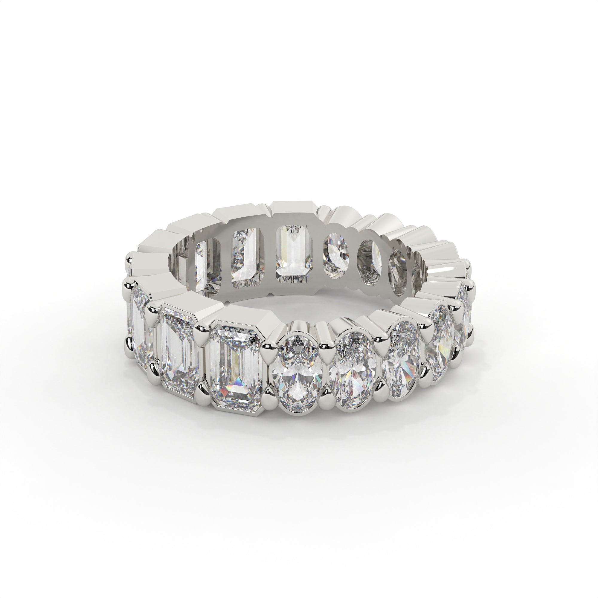 Diamond ring with emerald-cut and round diamonds on a white background