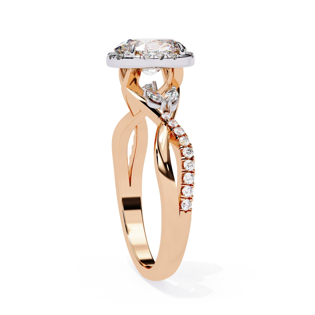 Rose gold ring with diamond accents on a white background