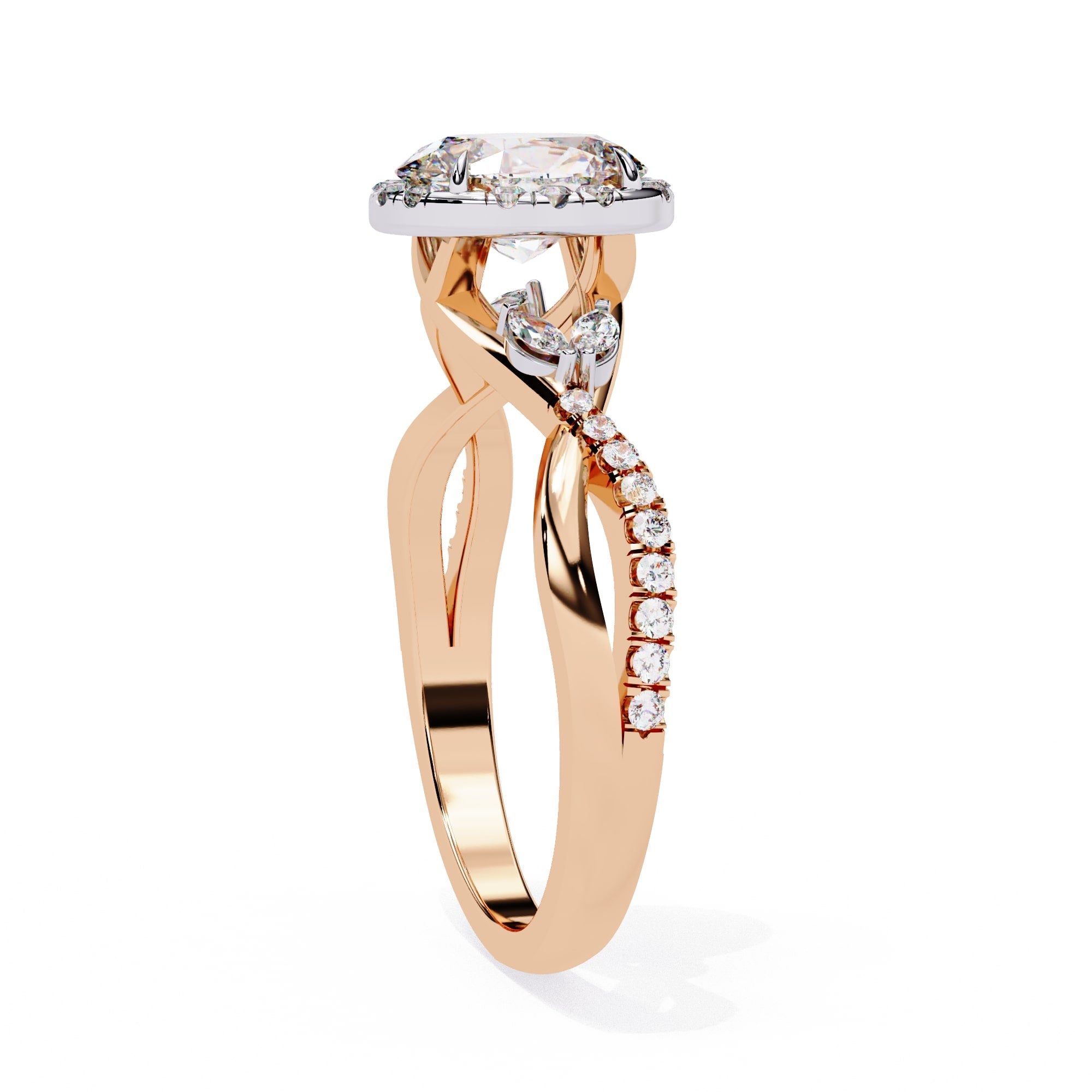 Rose gold ring with diamond accents on a white background