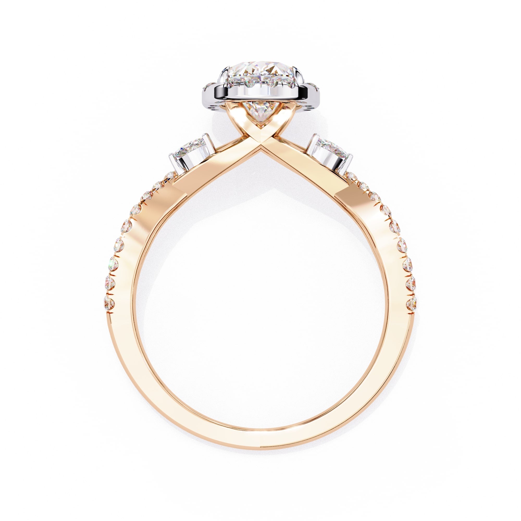Rose gold ring with diamond accents on a white background