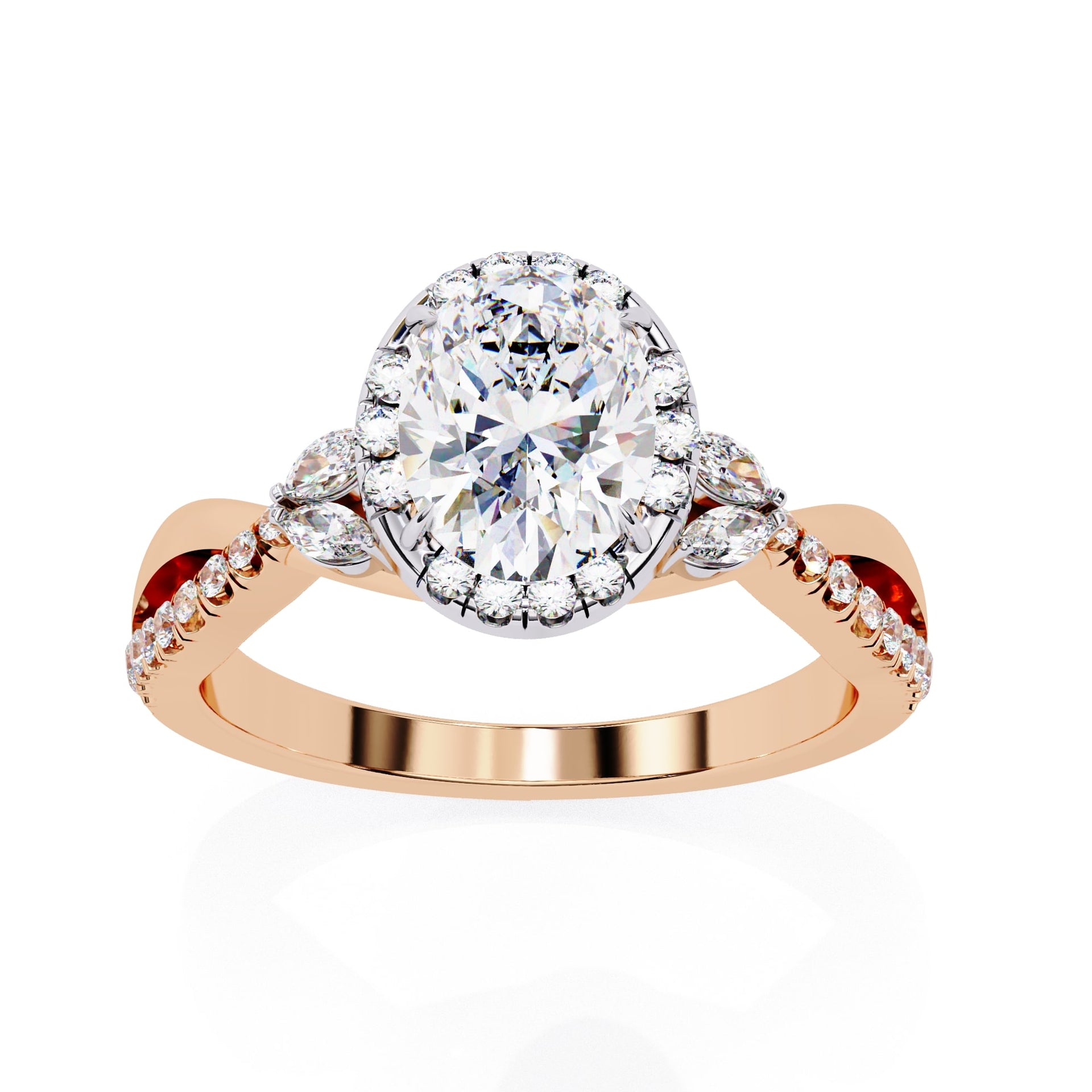 Rose gold ring with a large diamond and smaller diamonds on the band against a white background