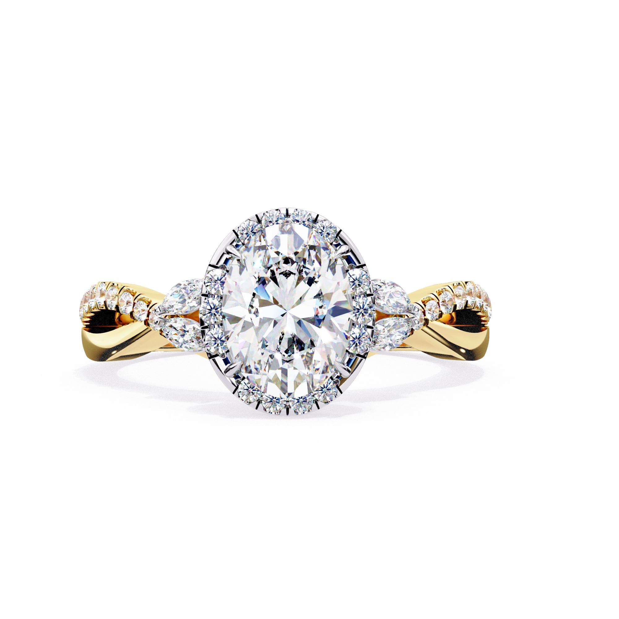 Gold and diamond ring on a white background