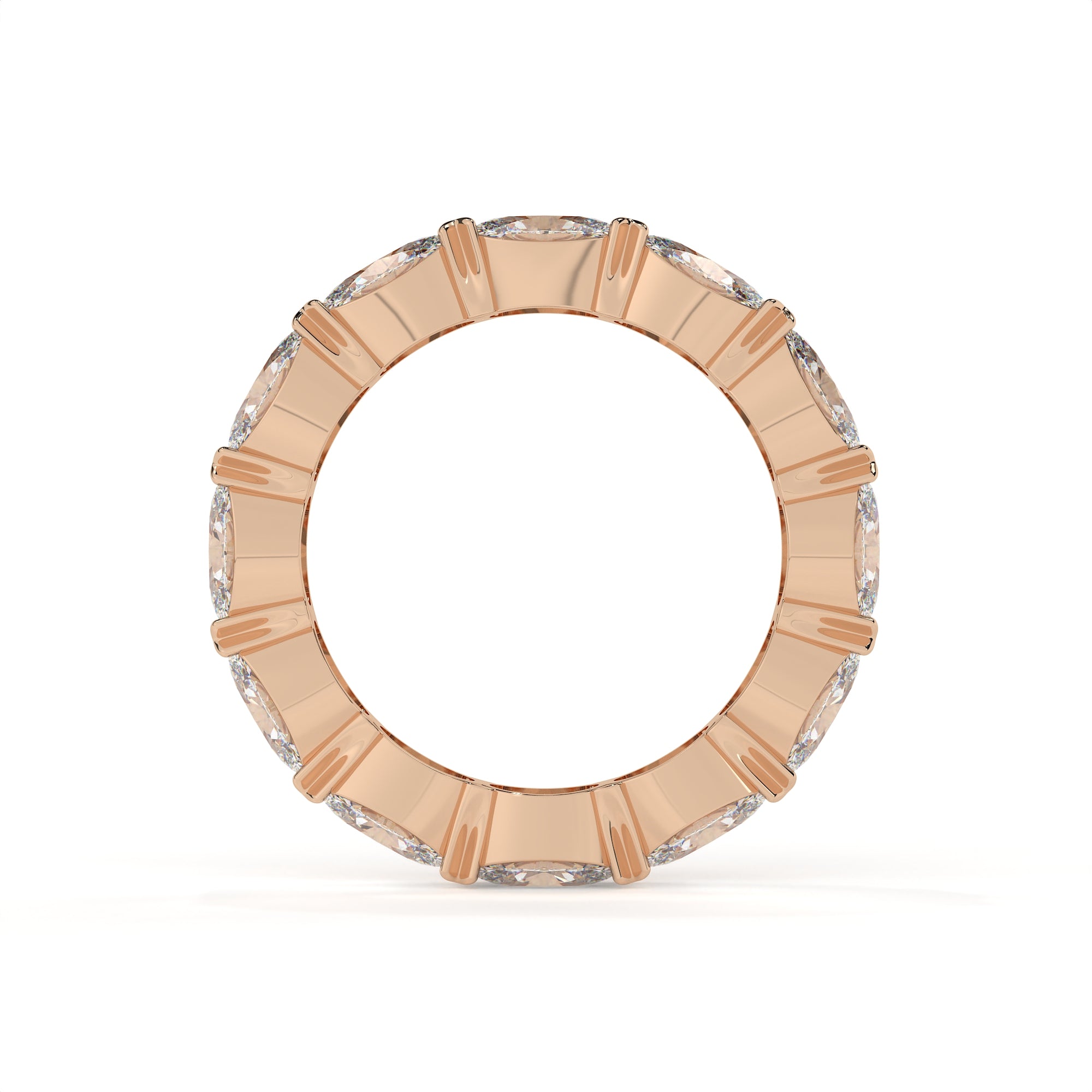 Rose gold ring with diamond accents on a white background