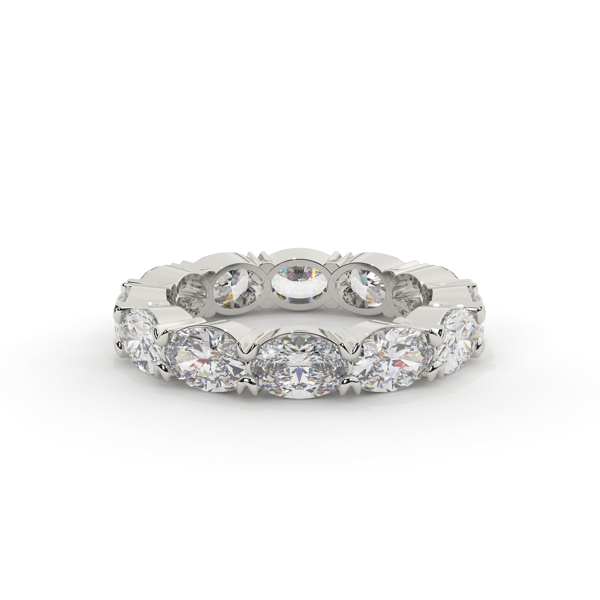 Silver ring with multiple diamonds on a white background