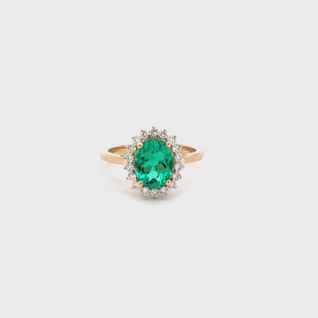 2 Carat Oval Cut Emerald Green Gemstone Halo Ring in 14K Gold