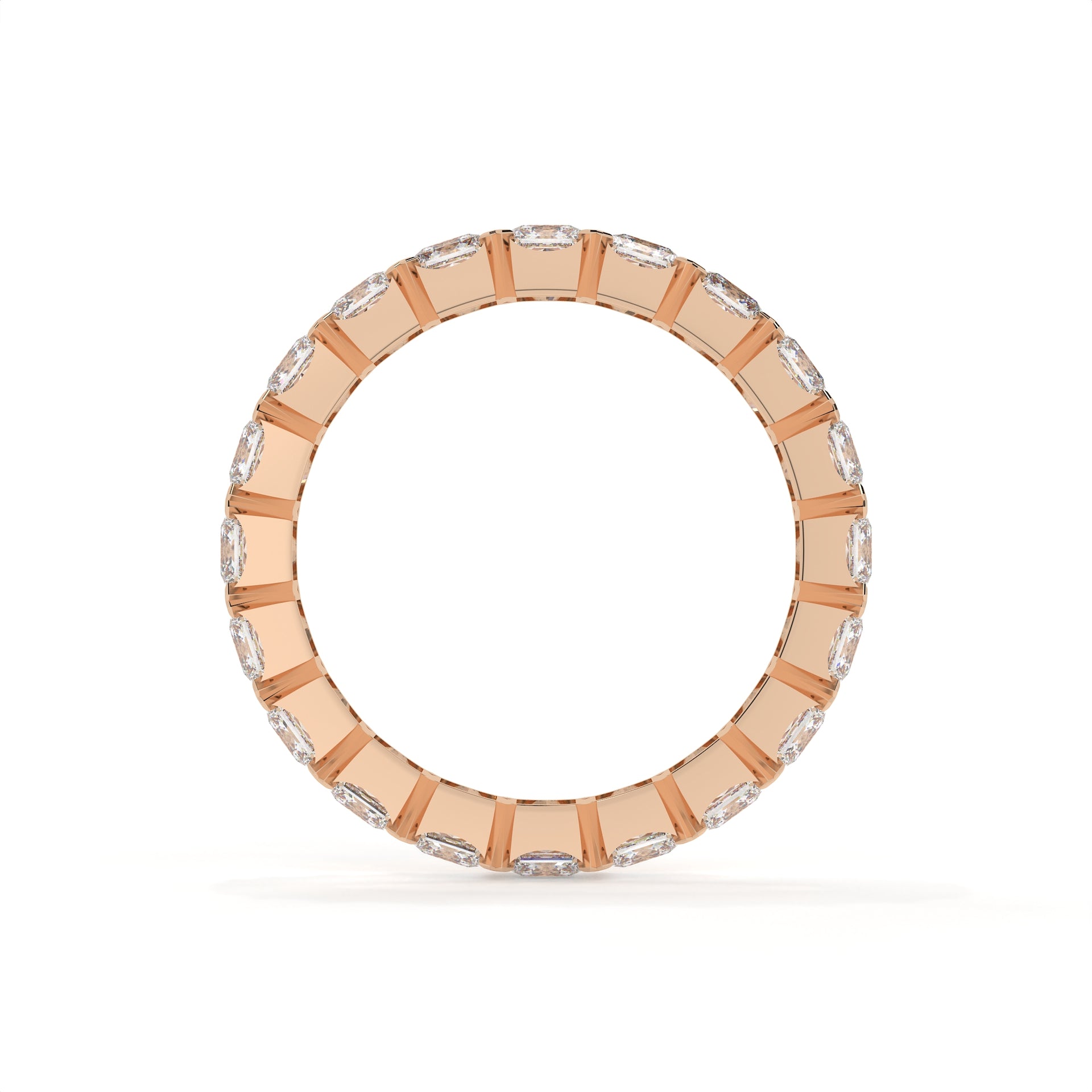 Rose gold ring with embedded diamonds on a white background