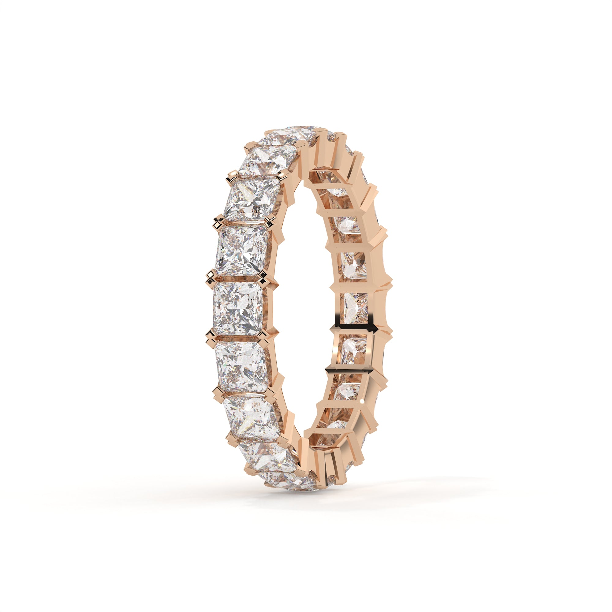 Rose gold diamond eternity ring on a white background