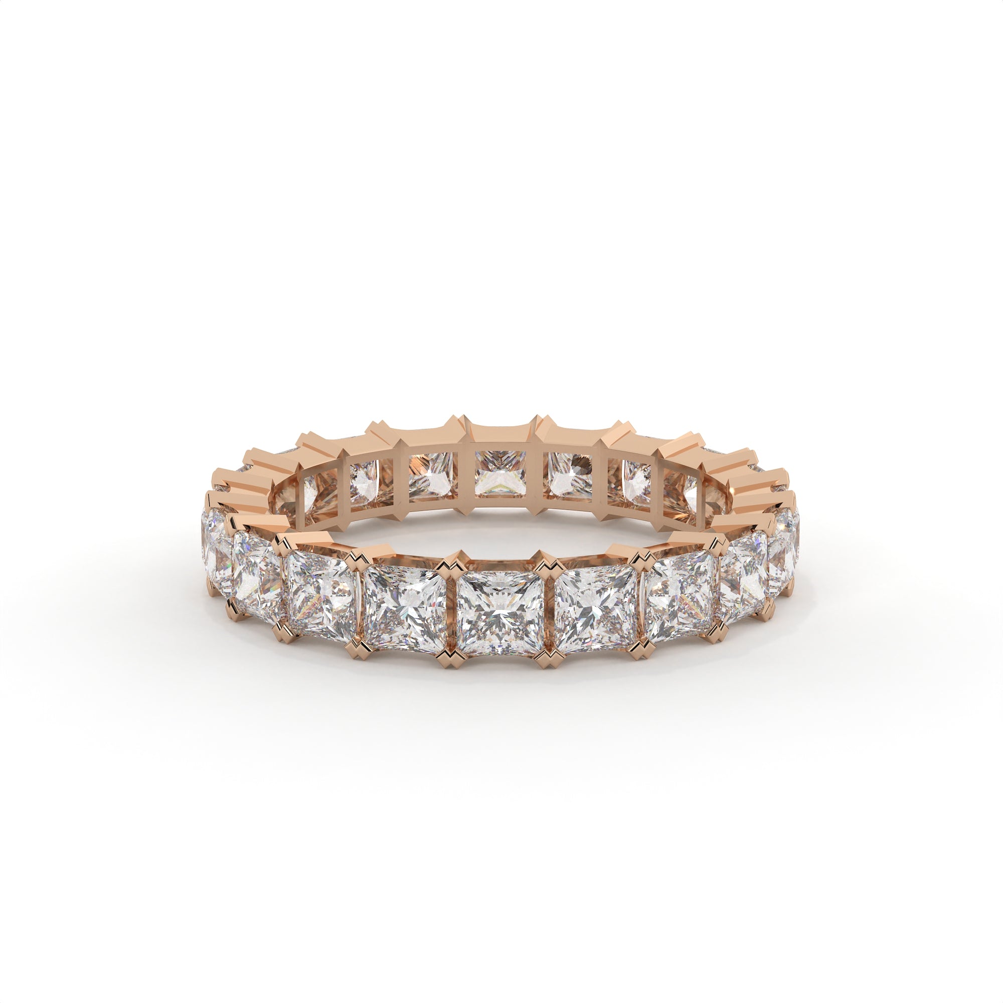 Rose gold eternity ring with diamonds on a white background
