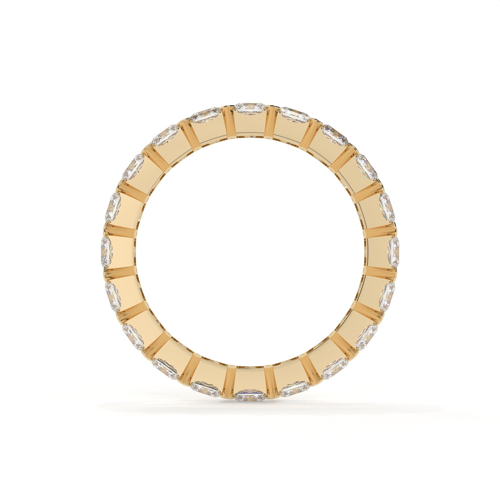 Gold ring with embedded diamonds on a white background