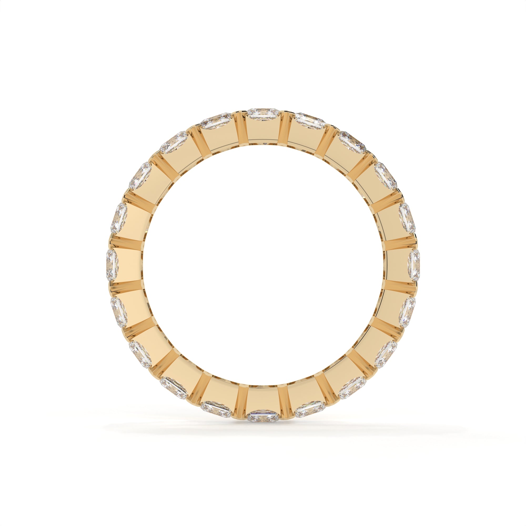 Gold ring with embedded diamonds on a white background