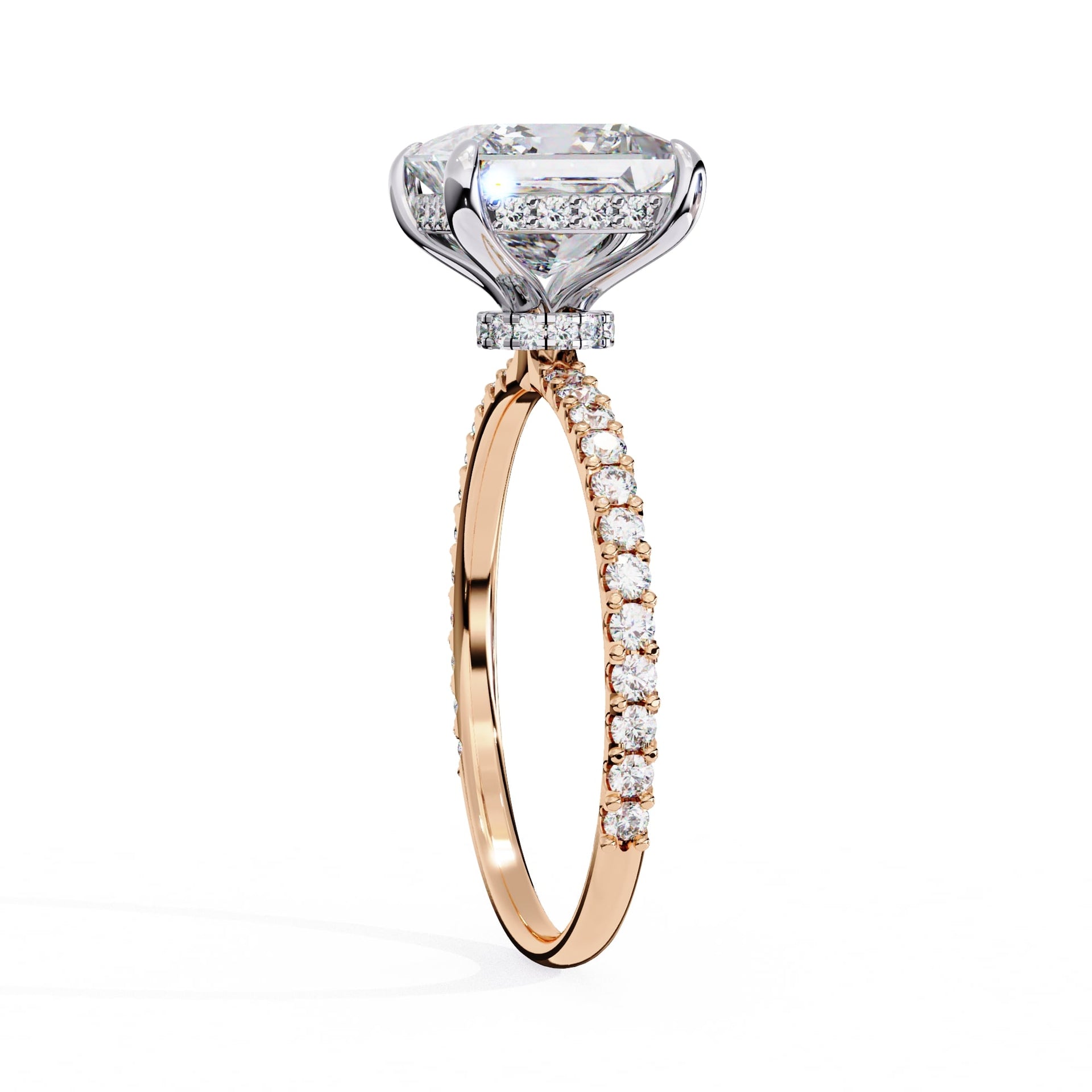 Rose gold ring with a diamond on a white background