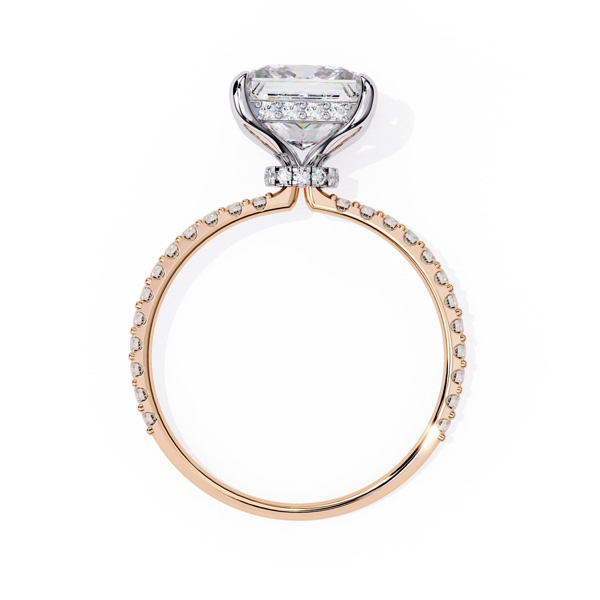 Rose gold ring with a diamond on a white background